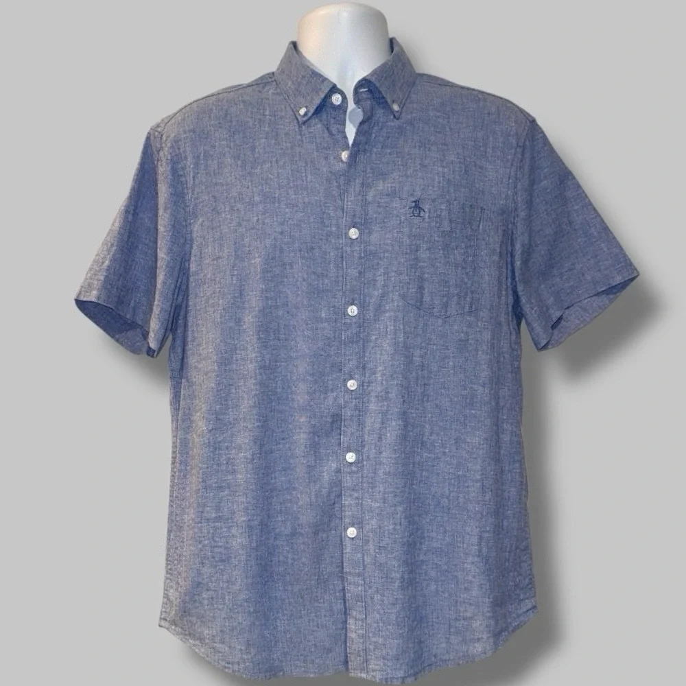 Original Penguin Linen Blend Button-Down Shirt Blue Chambray L Casual ResortWear - Picture 3 of 10